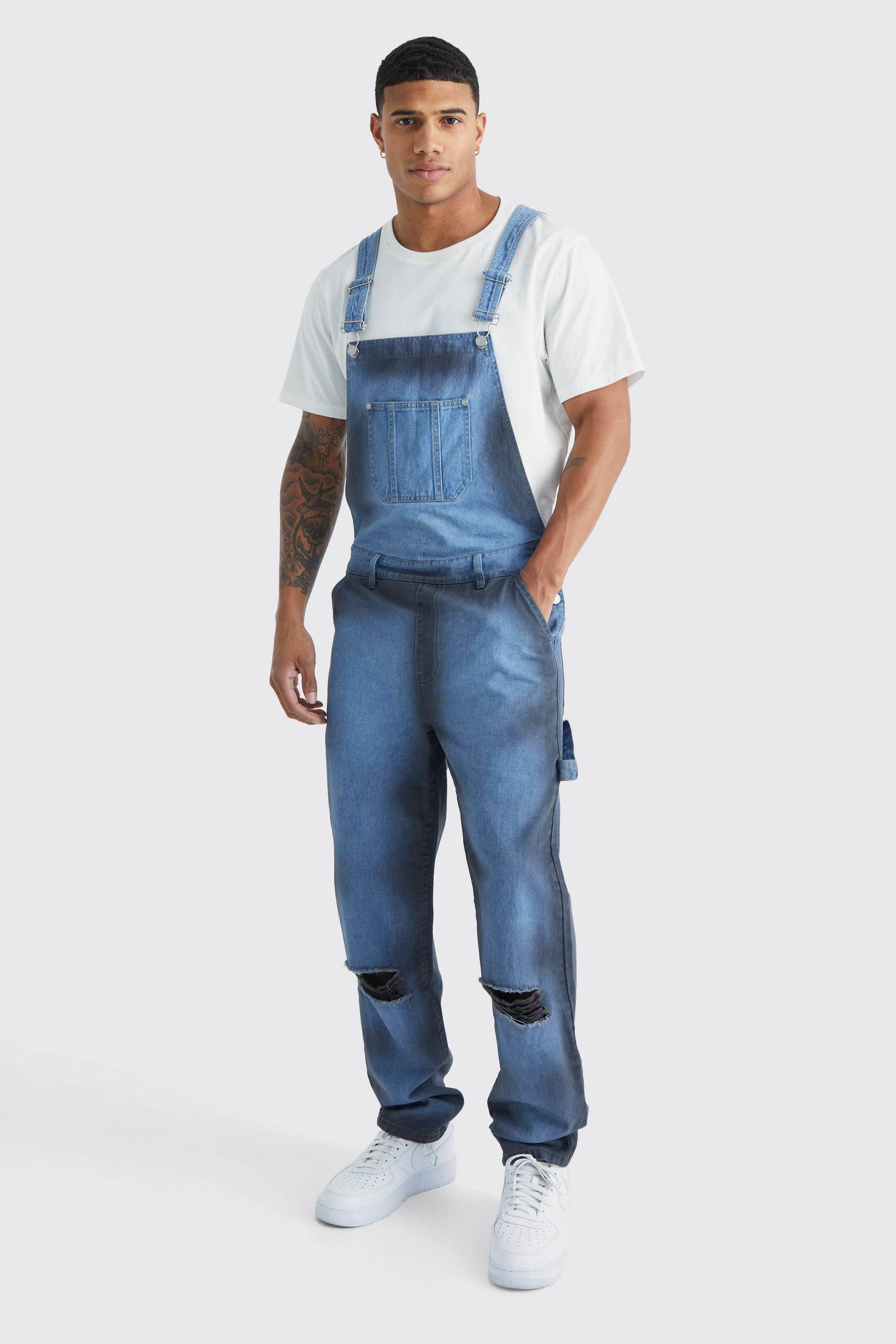 Relaxed Fit Knee Slash Long Overalls | boohooMAN USA